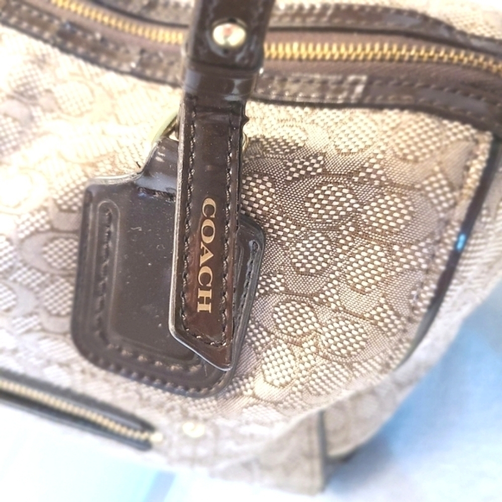 Coach Mini C Oxford Signature East West Satchel Khaki Canvas Mahogany Leather - Picture 7 of 15